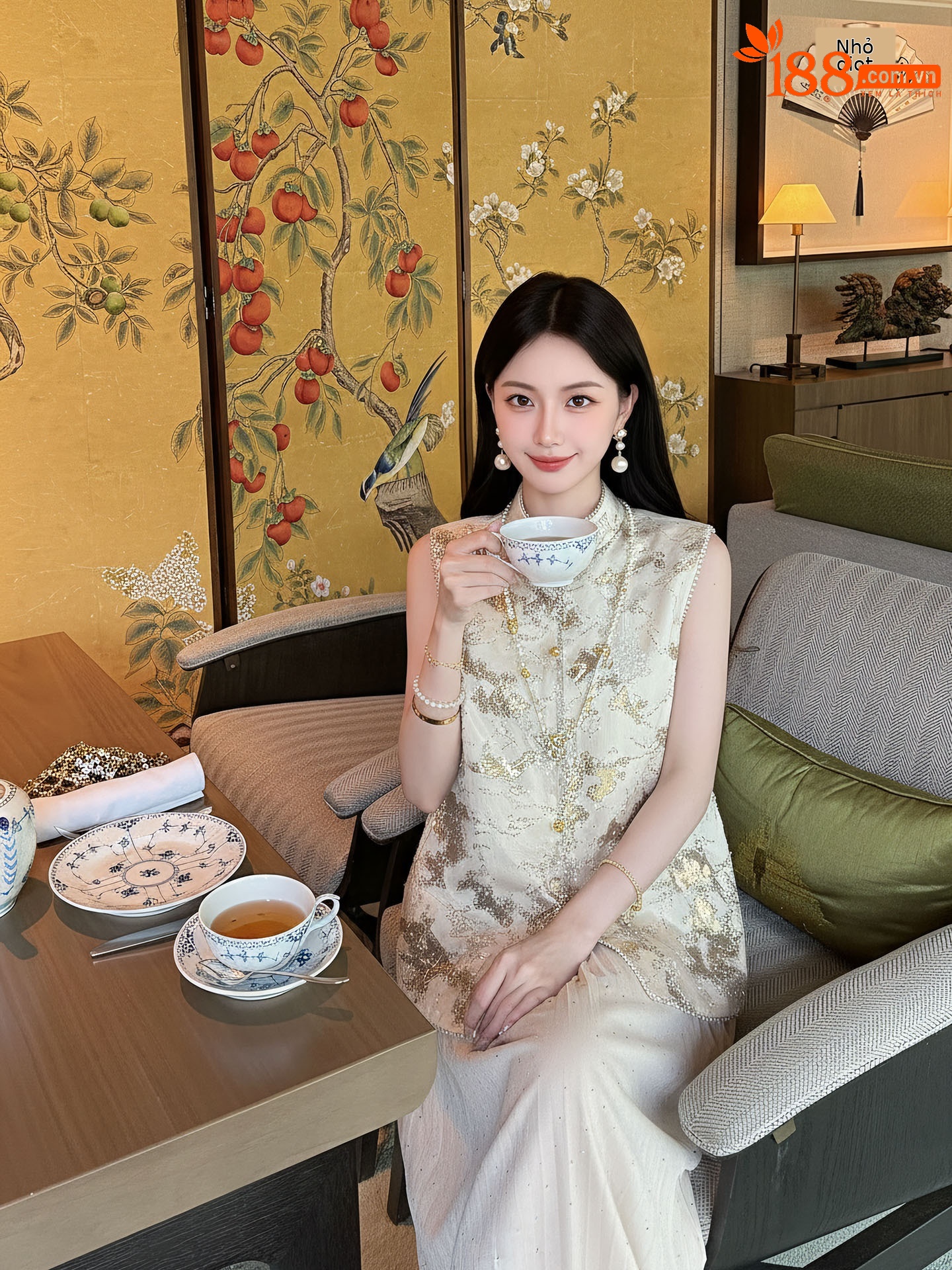 Áo gile hai dây nữ phong cách tân cổ điển cổ đứng thiết kế cao cấp — Vàng hồng
