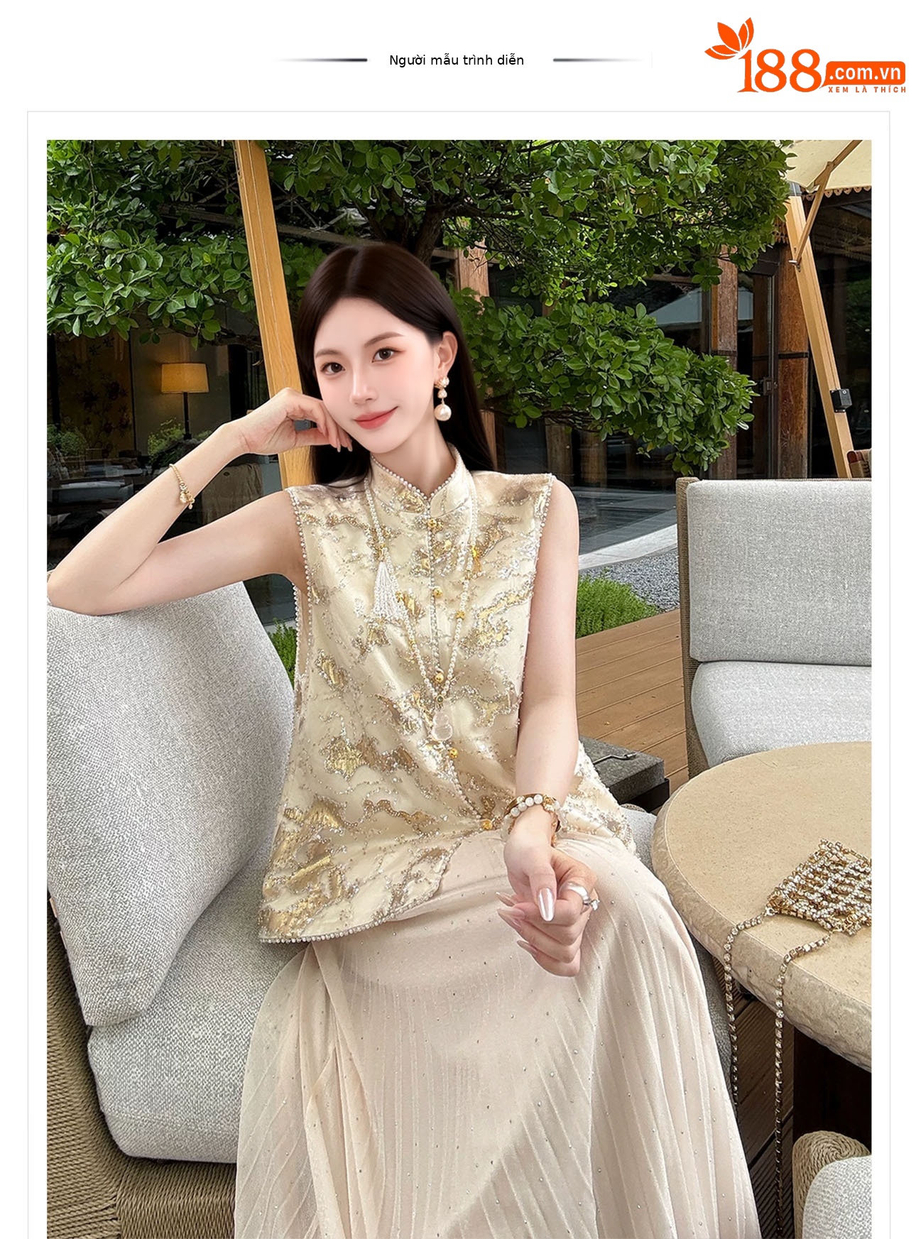 Áo gile hai dây nữ phong cách tân cổ điển cổ đứng thiết kế cao cấp — Vàng hồng chi tiết 1