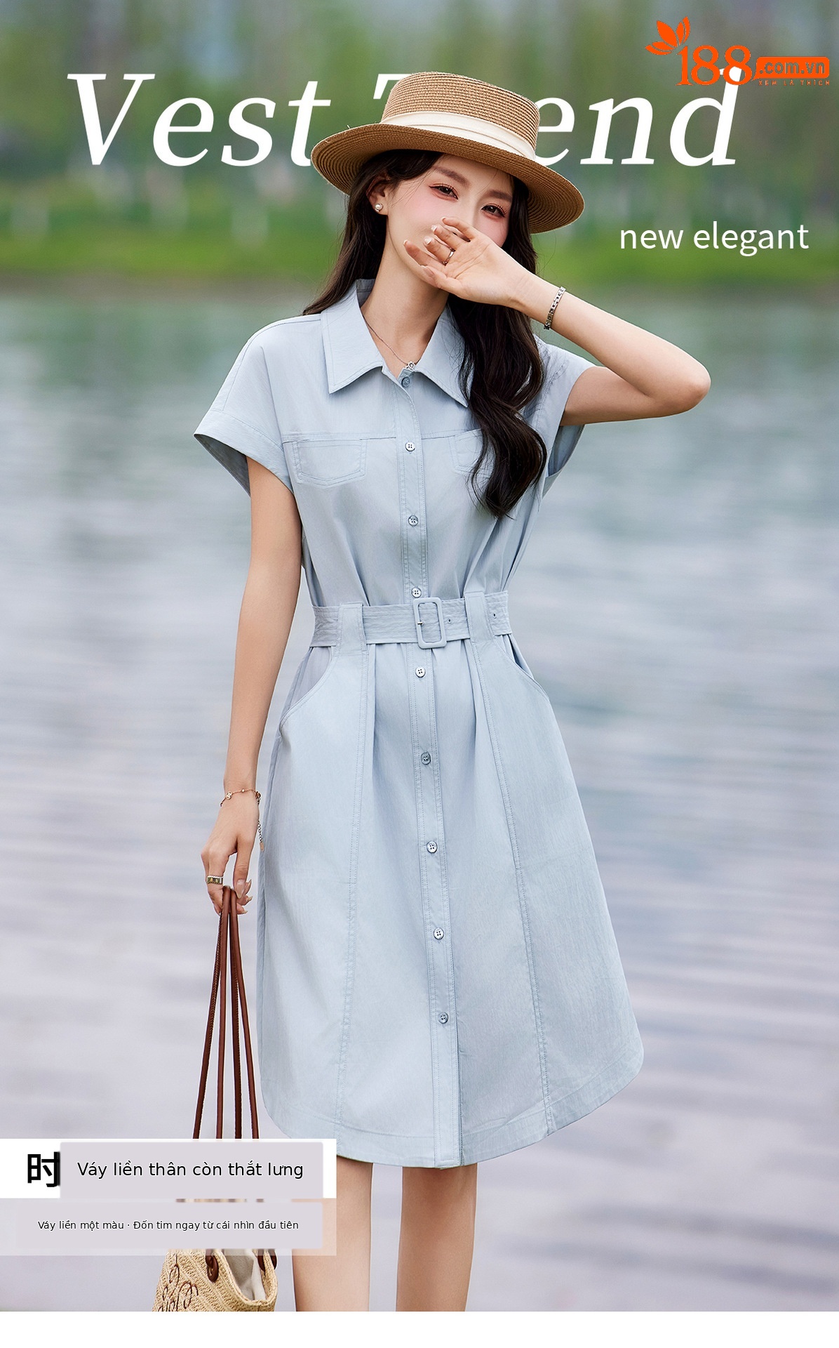 Đầm polo nữ cổ bẻ thắt eo dáng suông midi mùa hè — màu xanh nhạt, màu trắng ngà chi tiết 1