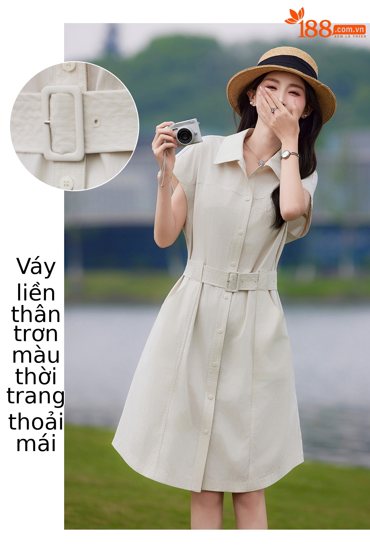 Đầm polo nữ cổ bẻ thắt eo dáng suông midi mùa hè — màu xanh nhạt, màu trắng ngà chi tiết 3