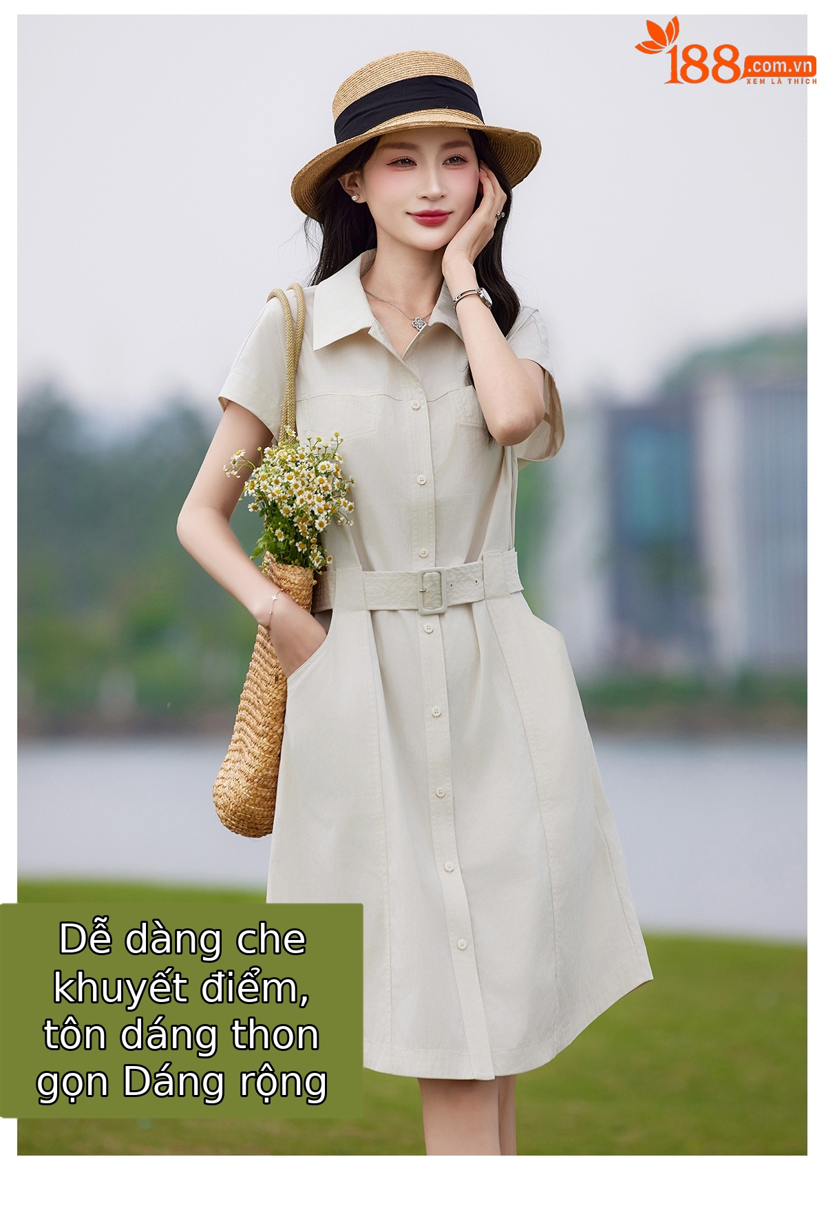Đầm polo nữ cổ bẻ thắt eo dáng suông midi mùa hè — màu xanh nhạt, màu trắng ngà chi tiết 5
