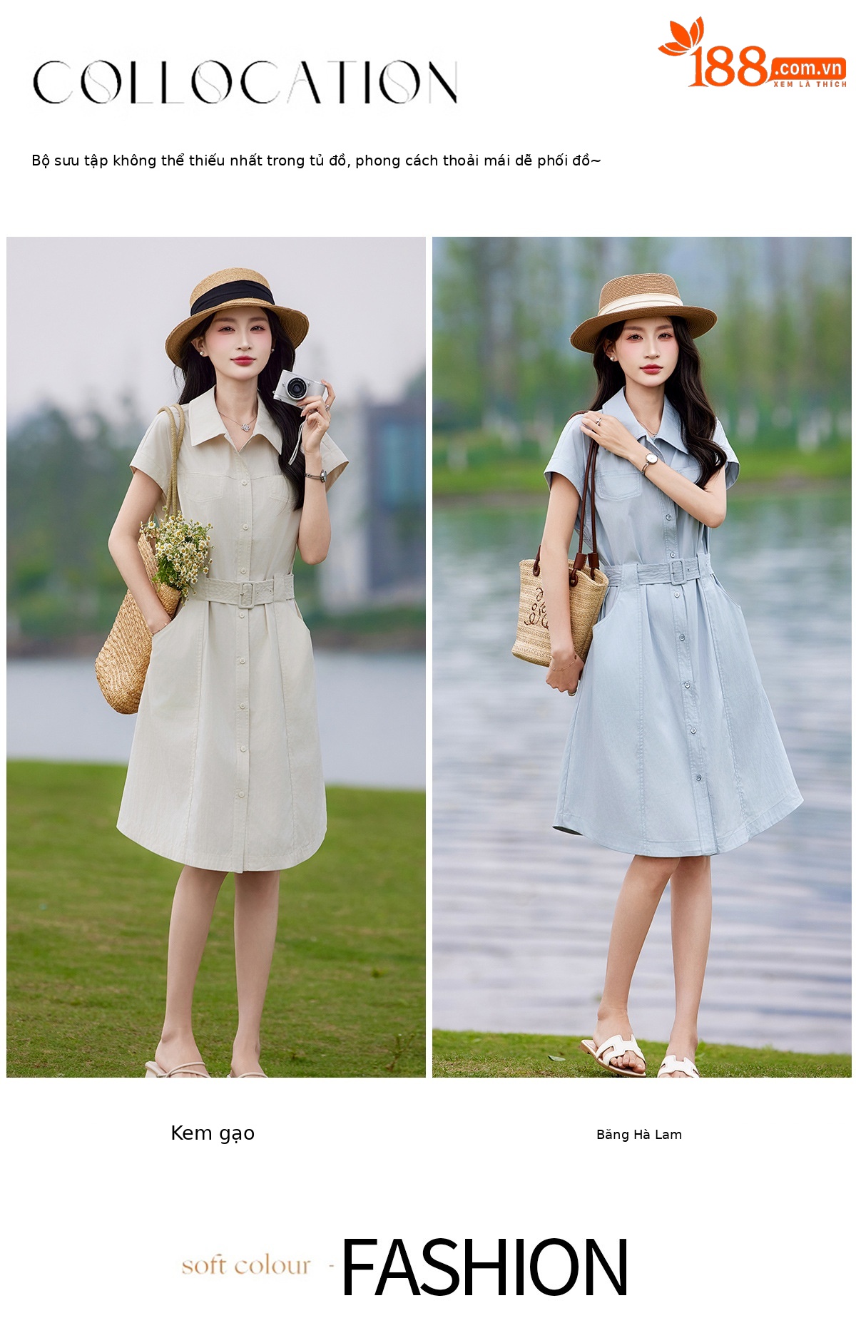 Đầm polo nữ cổ bẻ thắt eo dáng suông midi mùa hè — màu xanh nhạt, màu trắng ngà chi tiết 6