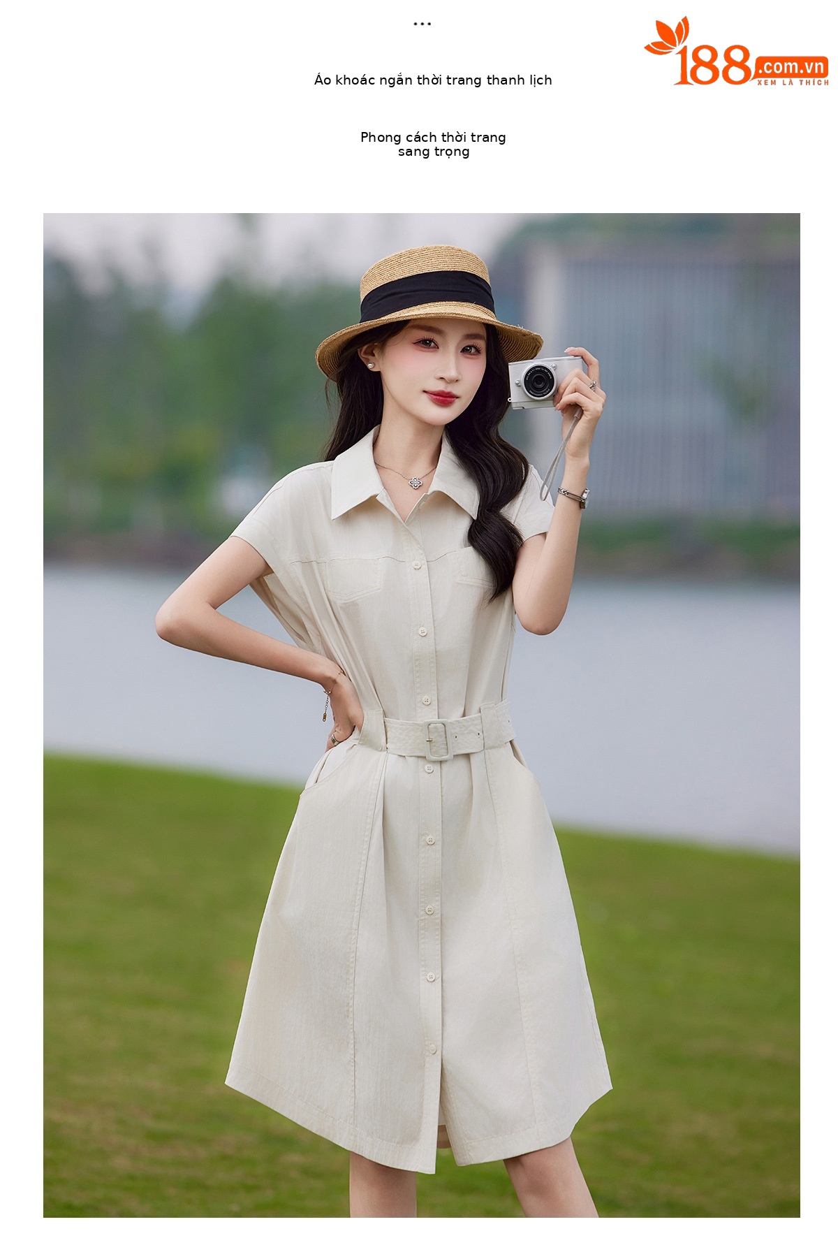 Đầm polo nữ cổ bẻ thắt eo dáng suông midi mùa hè — màu xanh nhạt, màu trắng ngà chi tiết 7