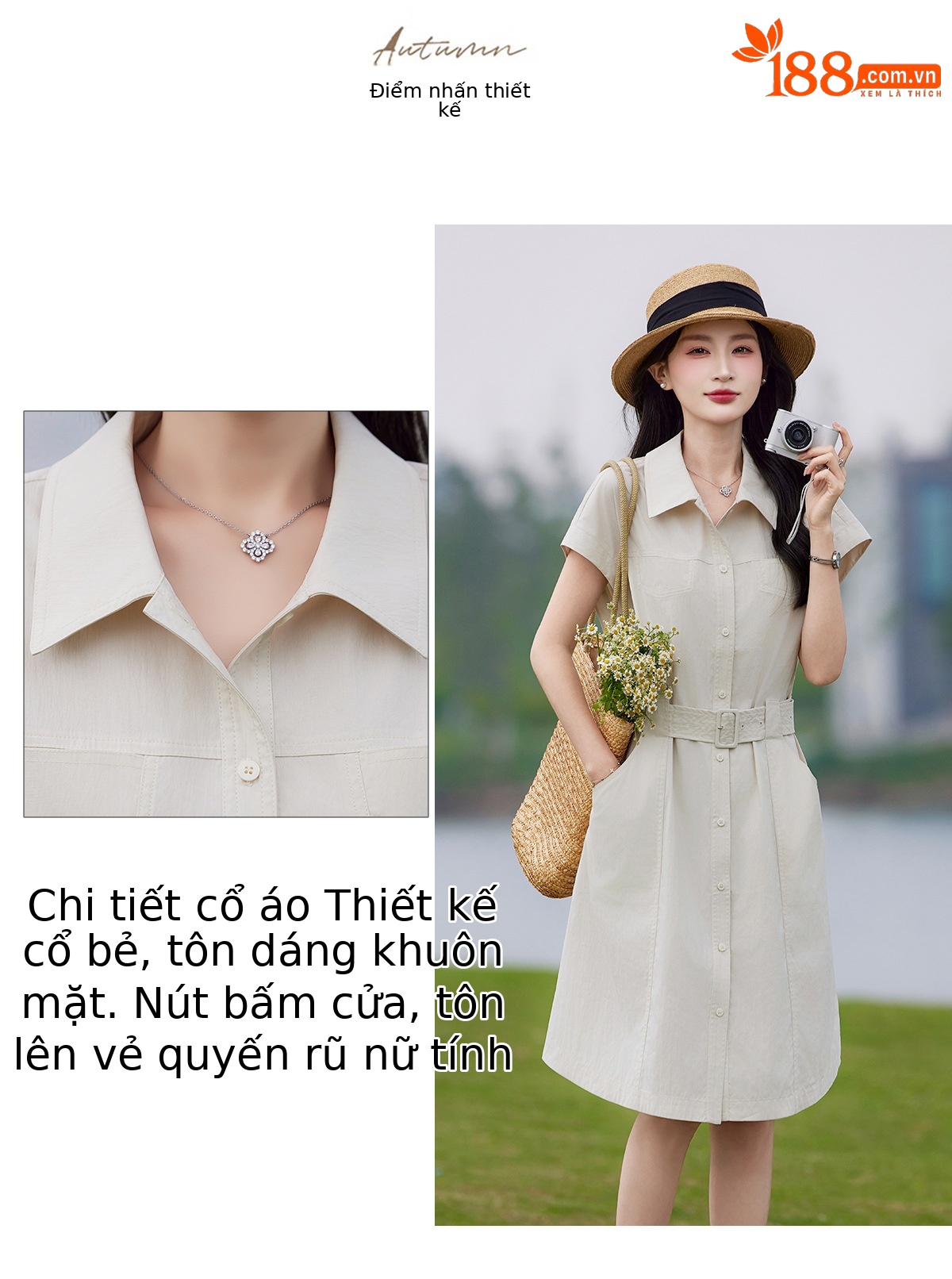 Đầm polo nữ cổ bẻ thắt eo dáng suông midi mùa hè — màu xanh nhạt, màu trắng ngà chi tiết 8