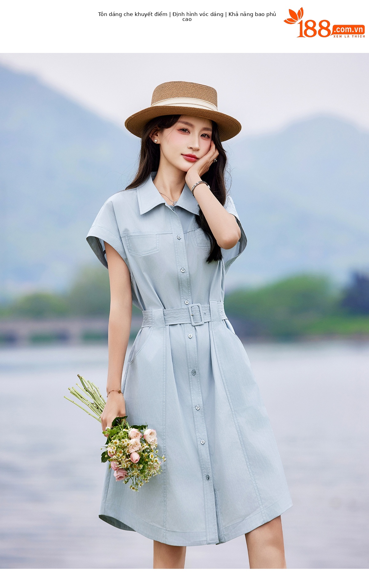 Đầm polo nữ cổ bẻ thắt eo dáng suông midi mùa hè — màu xanh nhạt, màu trắng ngà chi tiết 10