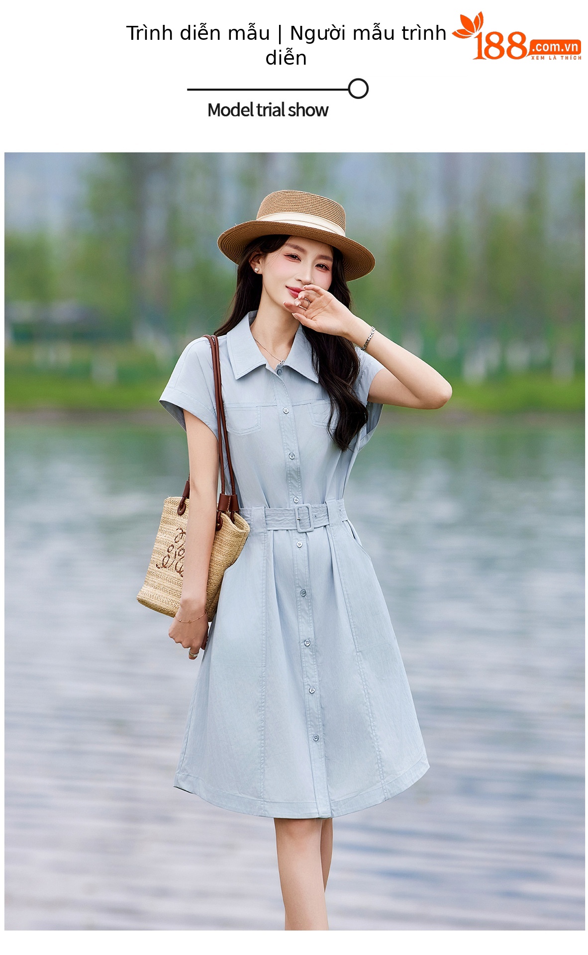 Đầm polo nữ cổ bẻ thắt eo dáng suông midi mùa hè — màu xanh nhạt, màu trắng ngà chi tiết 12
