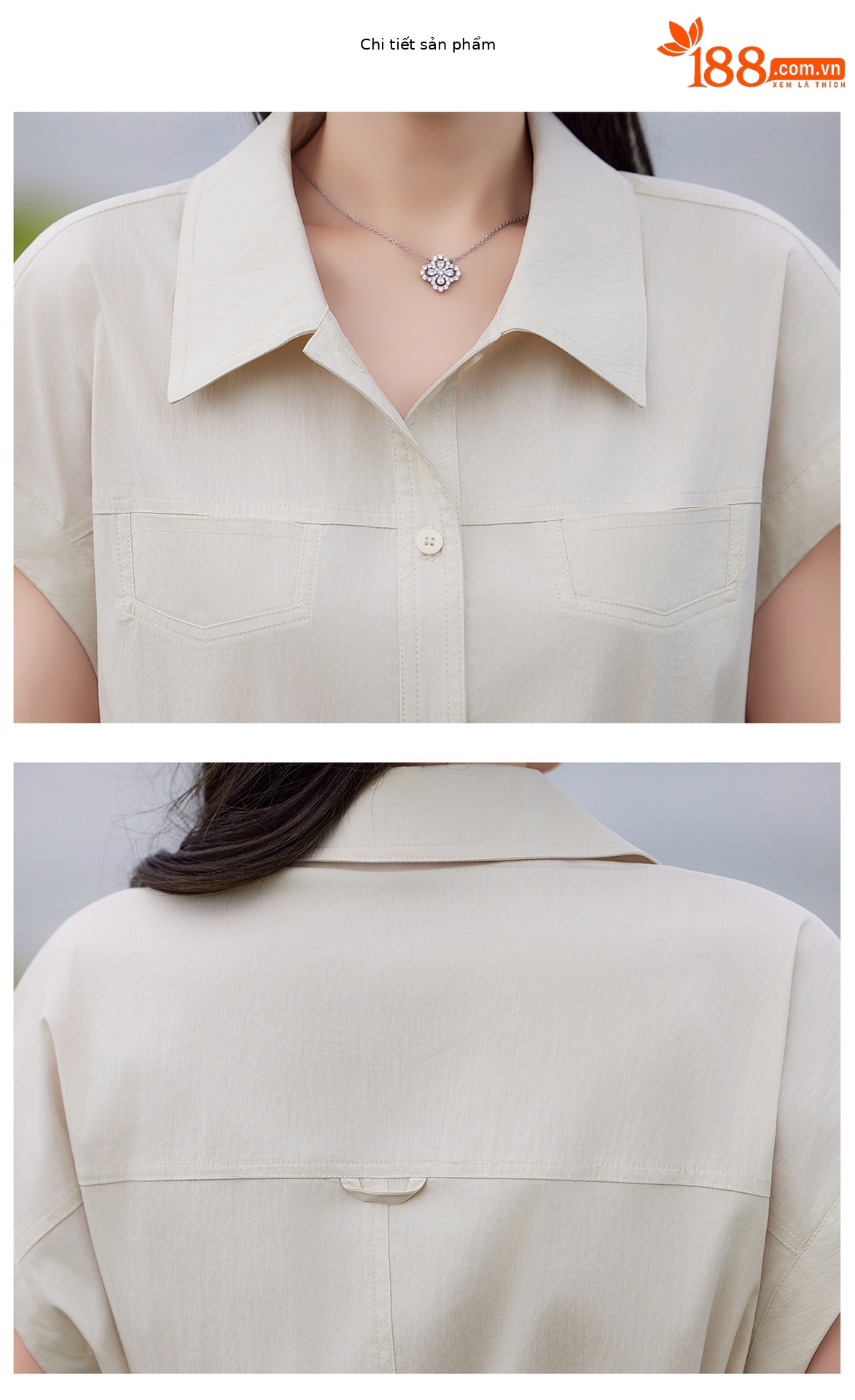Đầm polo nữ cổ bẻ thắt eo dáng suông midi mùa hè — màu xanh nhạt, màu trắng ngà chi tiết 27