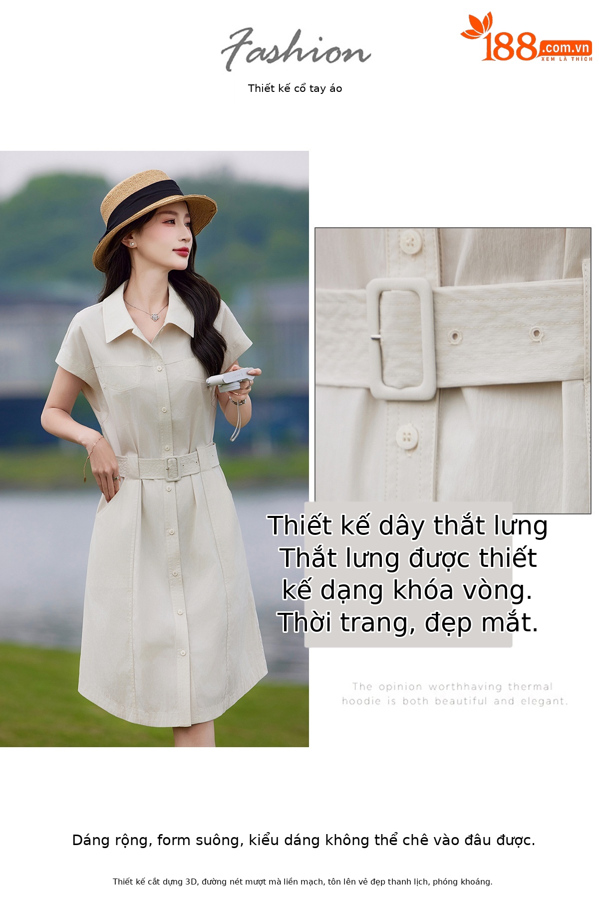 Đầm polo nữ cổ bẻ thắt eo dáng suông midi mùa hè — màu xanh nhạt, màu trắng ngà chi tiết 9