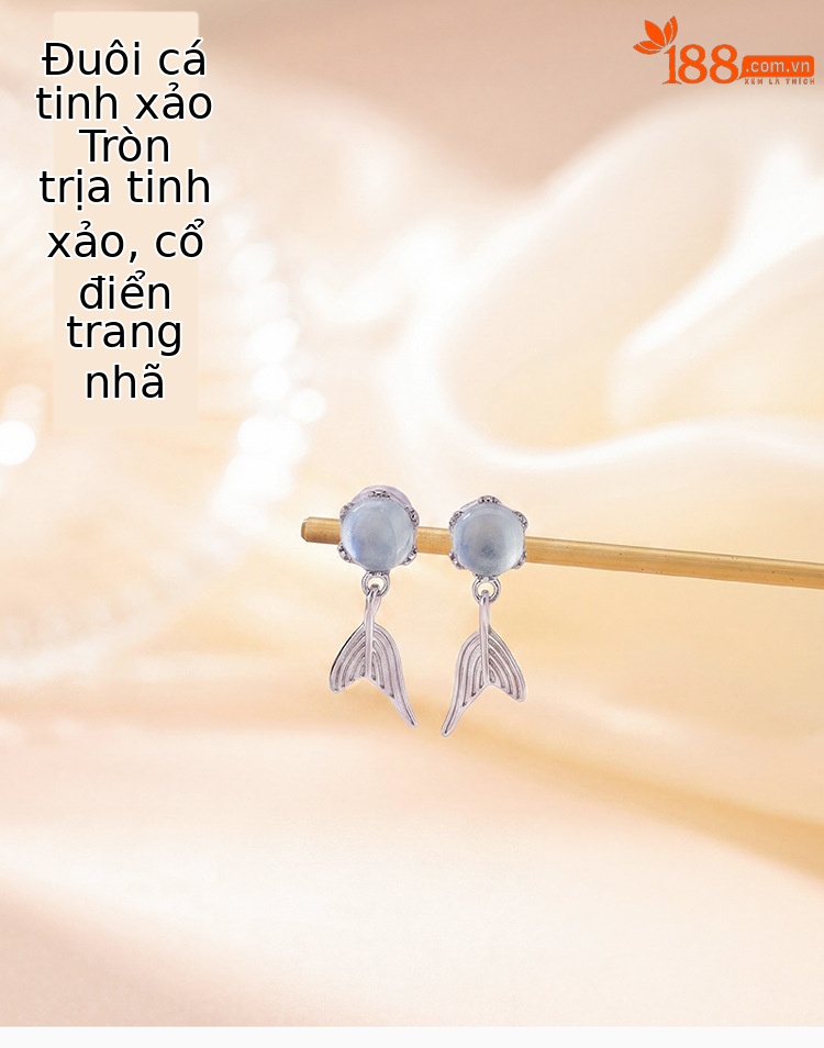 Khuyên tai bạc S925 đính đá aquamarine hình đuôi cá xanh dương phong cách tối giản — Một đôi chi tiết 1
