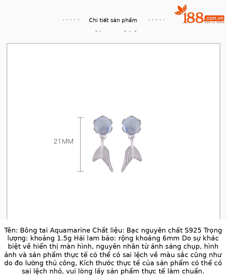 Khuyên tai bạc S925 đính đá aquamarine hình đuôi cá xanh dương phong cách tối giản — Một đôi chi tiết 2