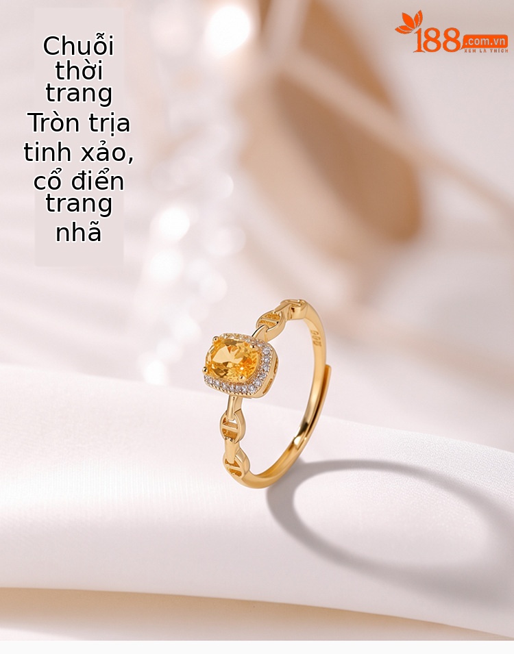 Nhẫn nữ bạc S925 mạ vàng đính đá cubic zirconia hình vuông mở điều chỉnh — Loại bạc chi tiết 1