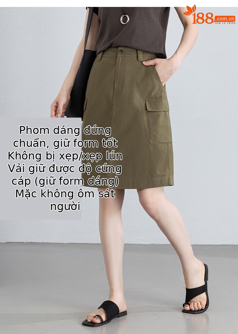 Chân váy ngắn nữ dáng chữ A, eo cao, túi lớn phong cách quân đội (military) – chất liệu Lyocell mềm mại — Quân đội xanh chi tiết 9