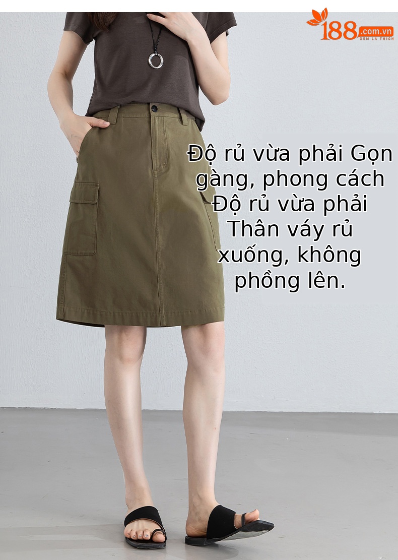 Chân váy ngắn nữ dáng chữ A, eo cao, túi lớn phong cách quân đội (military) – chất liệu Lyocell mềm mại — Quân đội xanh chi tiết 10