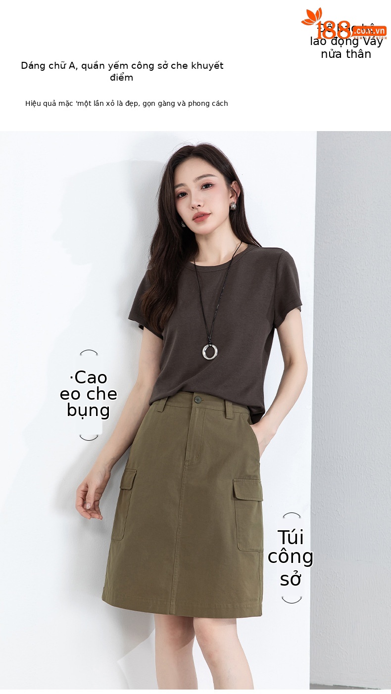 Chân váy ngắn nữ dáng chữ A, eo cao, túi lớn phong cách quân đội (military) – chất liệu Lyocell mềm mại — Quân đội xanh chi tiết 1