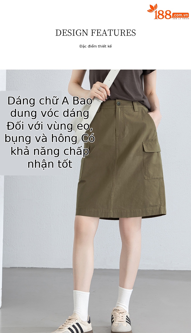 Chân váy ngắn nữ dáng chữ A, eo cao, túi lớn phong cách quân đội (military) – chất liệu Lyocell mềm mại — Quân đội xanh chi tiết 7