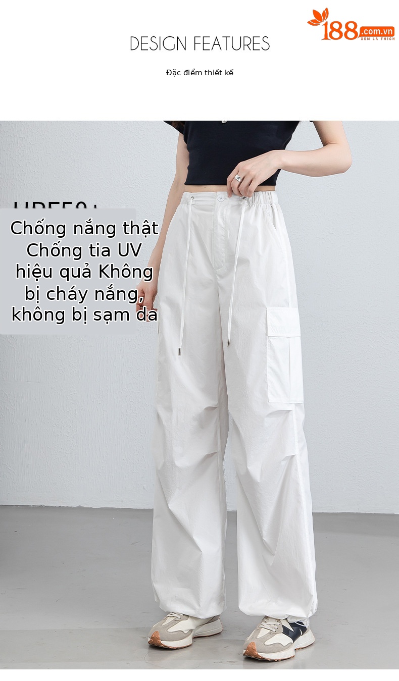 Quần ống rộng nữ cạp cao dây rút chất liệu nhẹ thoáng khí chống nắng — màu trắng chi tiết 10