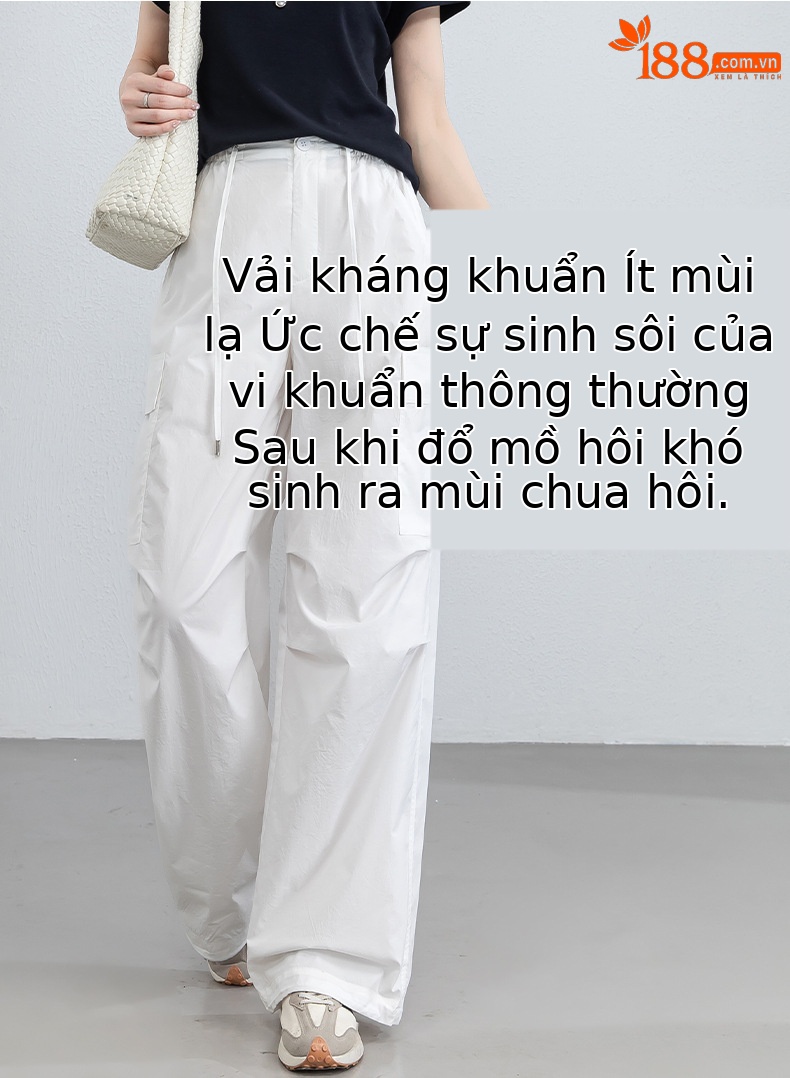 Quần ống rộng nữ cạp cao dây rút chất liệu nhẹ thoáng khí chống nắng — màu trắng chi tiết 11