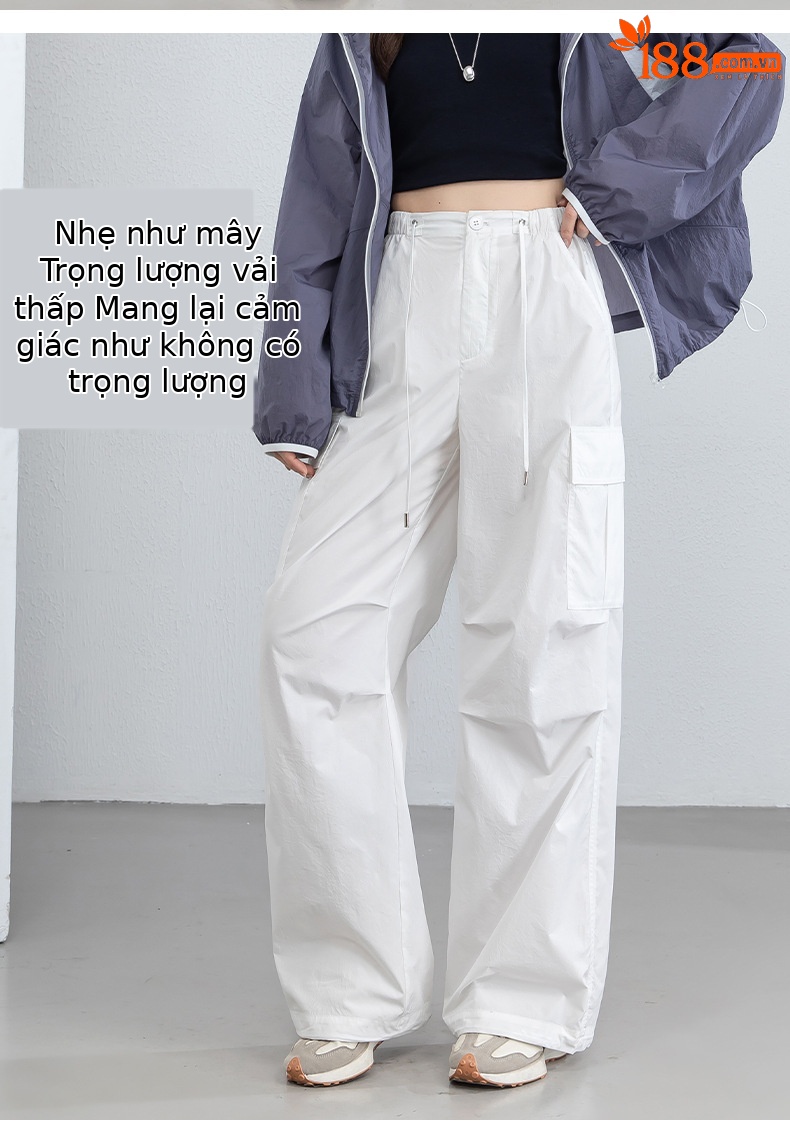 Quần ống rộng nữ cạp cao dây rút chất liệu nhẹ thoáng khí chống nắng — màu trắng chi tiết 12