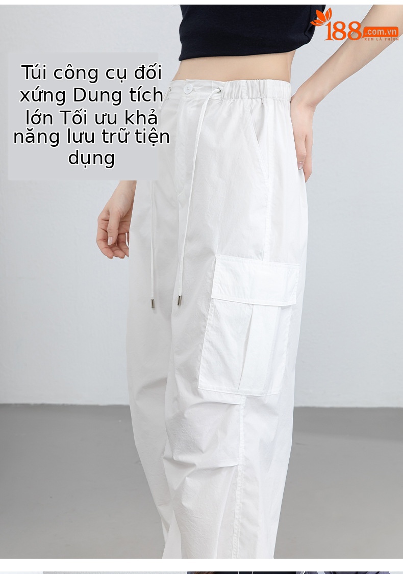 Quần ống rộng nữ cạp cao dây rút chất liệu nhẹ thoáng khí chống nắng — màu trắng chi tiết 13