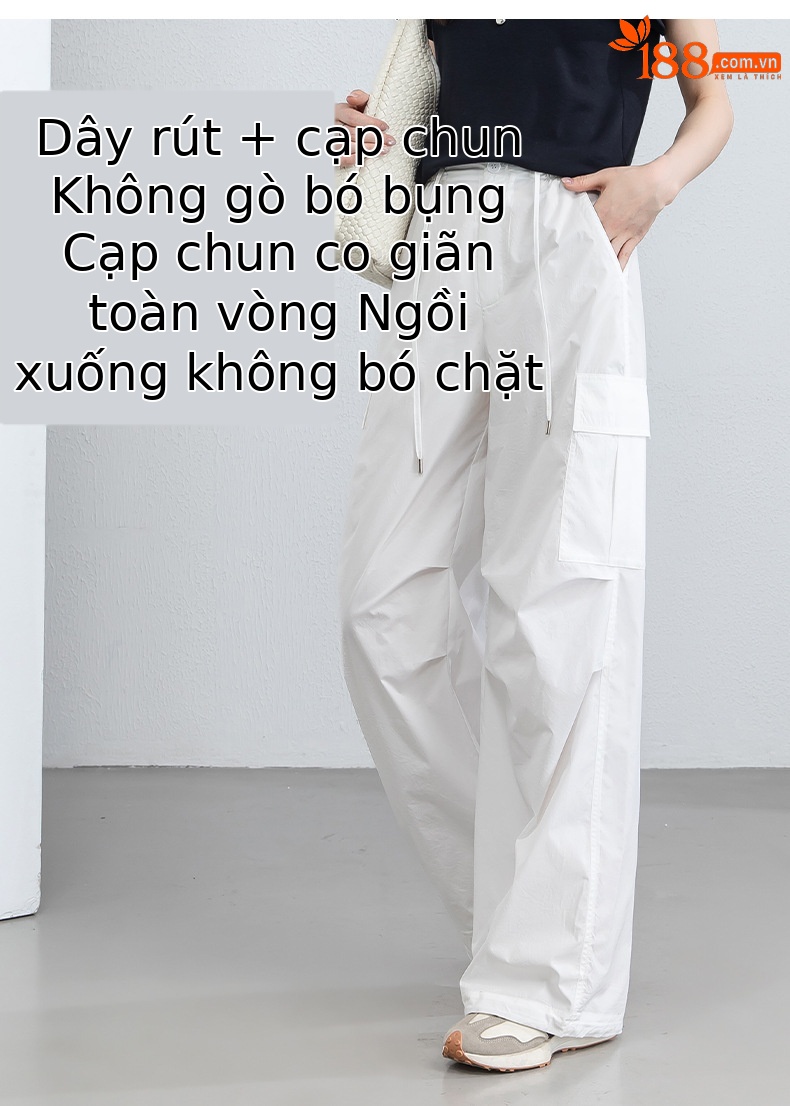Quần ống rộng nữ cạp cao dây rút chất liệu nhẹ thoáng khí chống nắng — màu trắng chi tiết 15