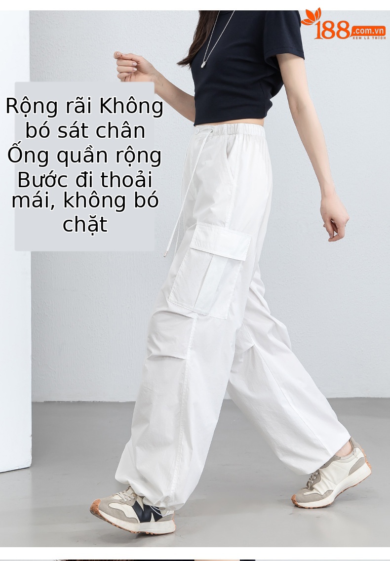 Quần ống rộng nữ cạp cao dây rút chất liệu nhẹ thoáng khí chống nắng — màu trắng chi tiết 16