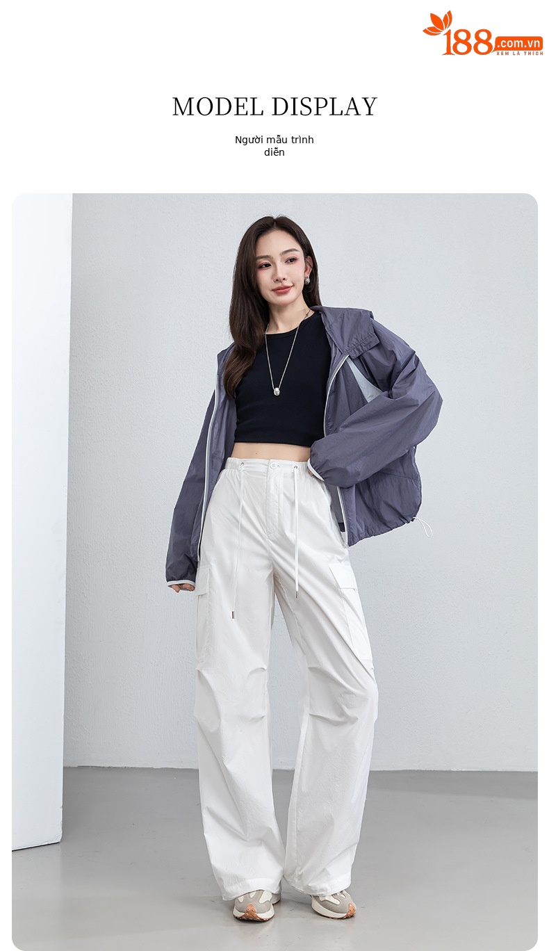 Quần ống rộng nữ cạp cao dây rút chất liệu nhẹ thoáng khí chống nắng — màu trắng chi tiết 23