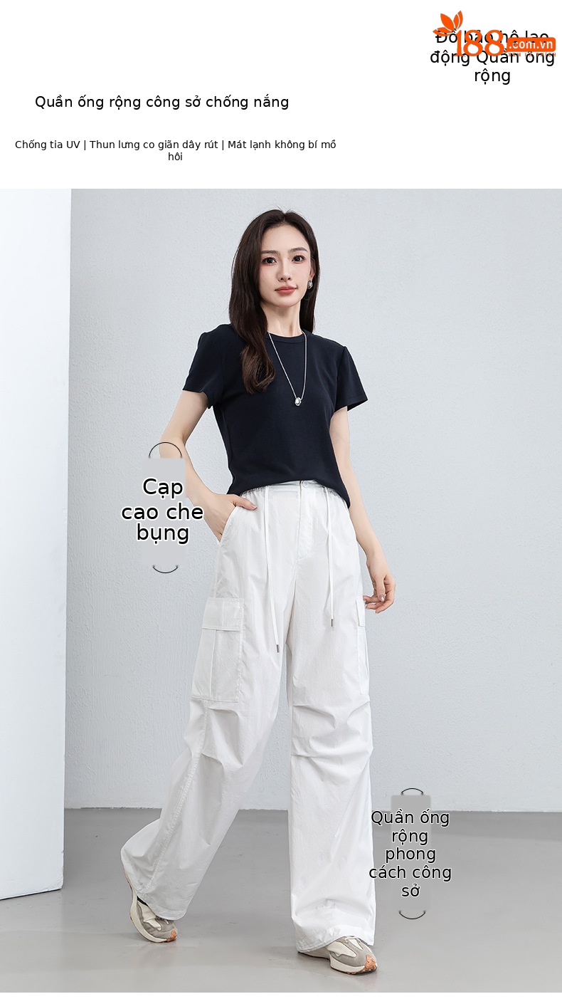 Quần ống rộng nữ cạp cao dây rút chất liệu nhẹ thoáng khí chống nắng — màu trắng chi tiết 1