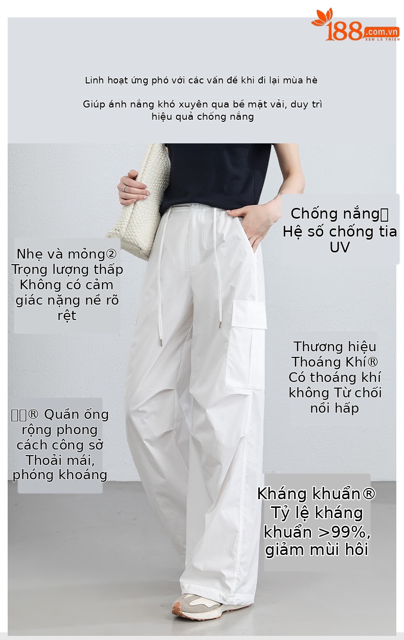 Quần ống rộng nữ cạp cao dây rút chất liệu nhẹ thoáng khí chống nắng — màu trắng chi tiết 3