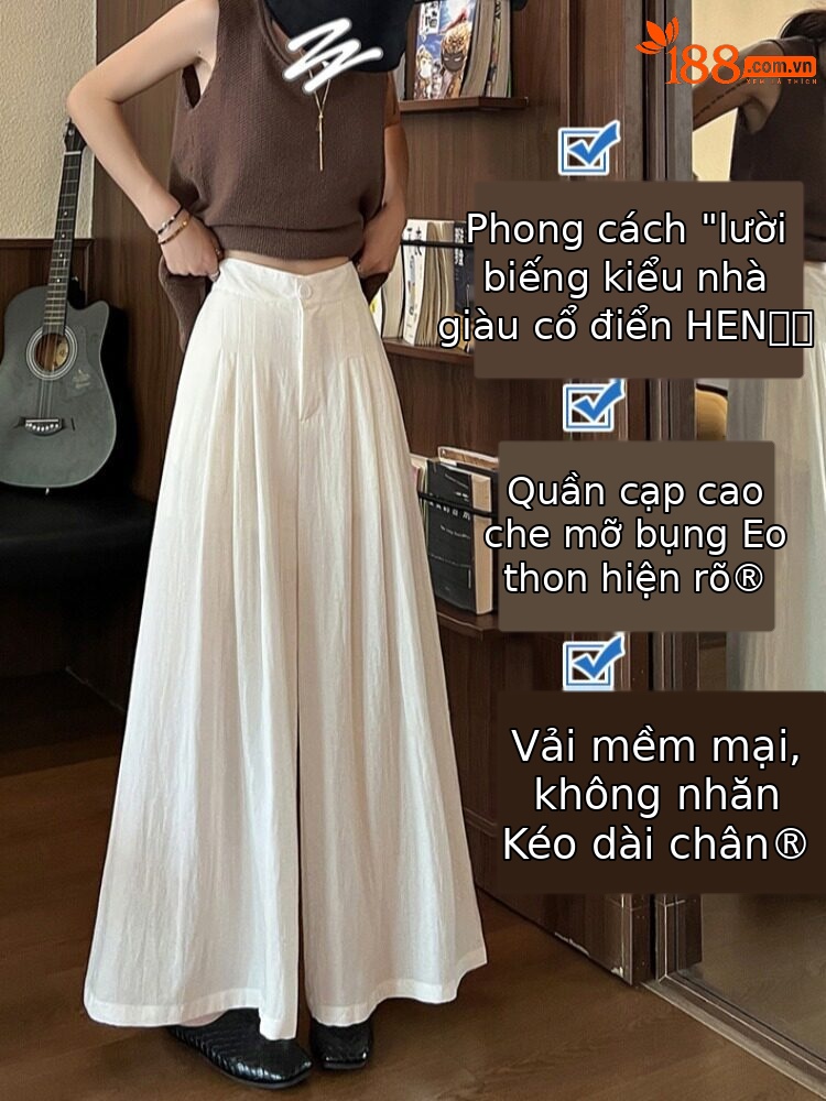 Quần tây nữ vải lanh cạp cao ống rộng mùa hè — Xanh lông mòng đen