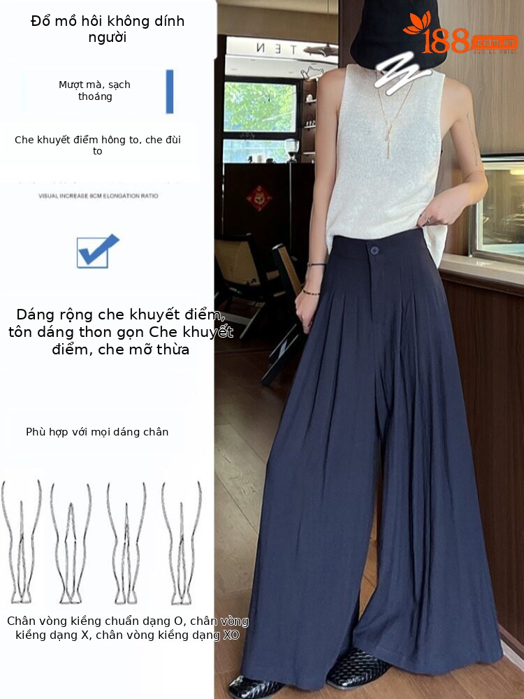 Quần tây nữ vải lanh cạp cao ống rộng mùa hè — Xanh lông mòng đen