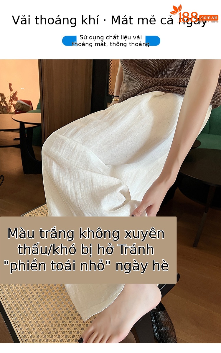 Quần tây nữ vải lanh cạp cao ống rộng mùa hè — Xanh lông mòng đen chi tiết 10