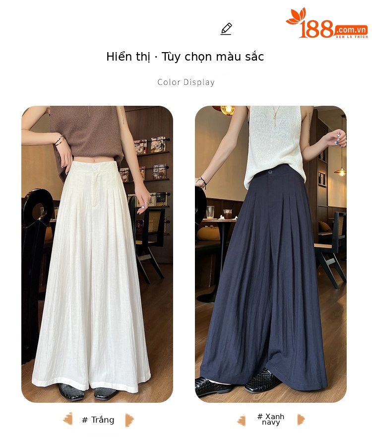 Quần tây nữ vải lanh cạp cao ống rộng mùa hè — Xanh lông mòng đen chi tiết 21