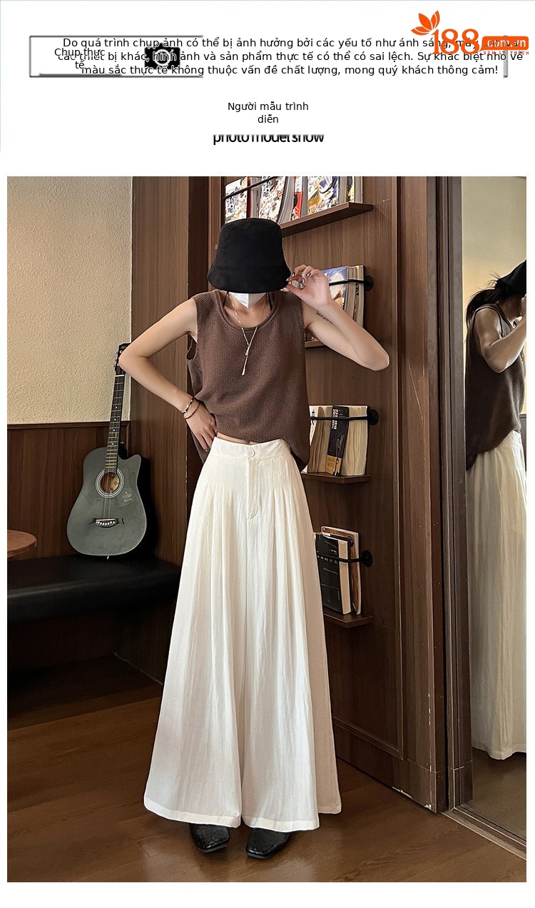 Quần tây nữ vải lanh cạp cao ống rộng mùa hè — Xanh lông mòng đen chi tiết 22