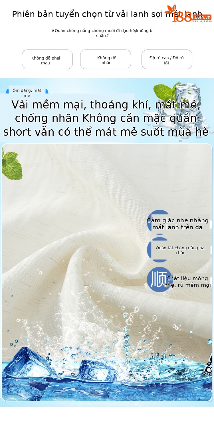 Quần tây nữ vải lanh cạp cao ống rộng mùa hè — Xanh lông mòng đen chi tiết 4