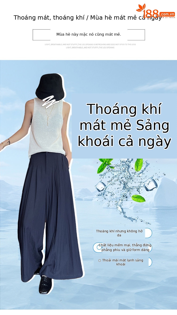 Quần tây nữ vải lanh cạp cao ống rộng mùa hè — Xanh lông mòng đen chi tiết 6