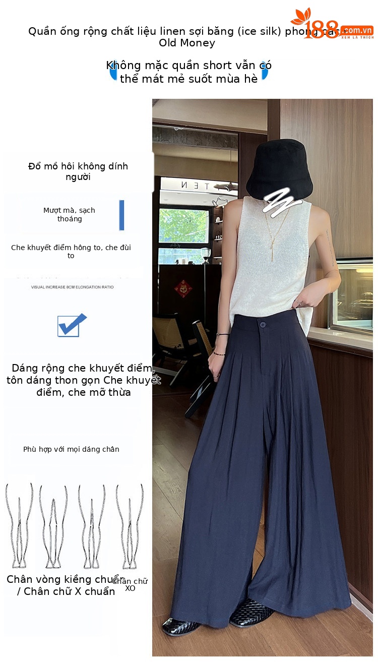Quần tây nữ vải lanh cạp cao ống rộng mùa hè — Xanh lông mòng đen chi tiết 8