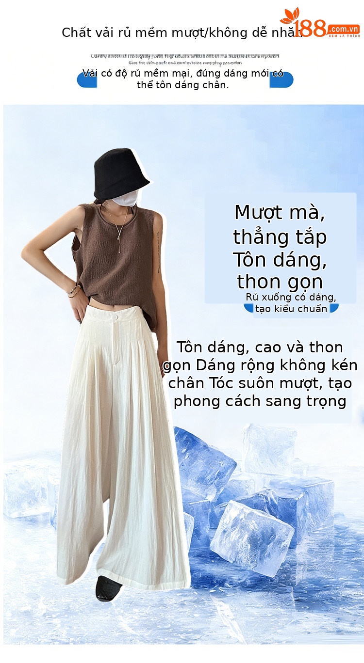 Quần tây nữ vải lanh cạp cao ống rộng mùa hè — Xanh lông mòng đen chi tiết 11
