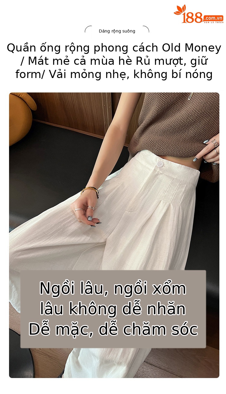 Quần tây nữ vải lanh cạp cao ống rộng mùa hè — Xanh lông mòng đen chi tiết 12