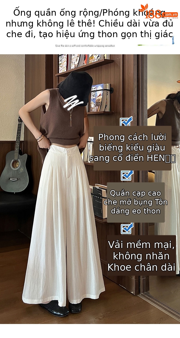 Quần tây nữ vải lanh cạp cao ống rộng mùa hè — Xanh lông mòng đen chi tiết 17