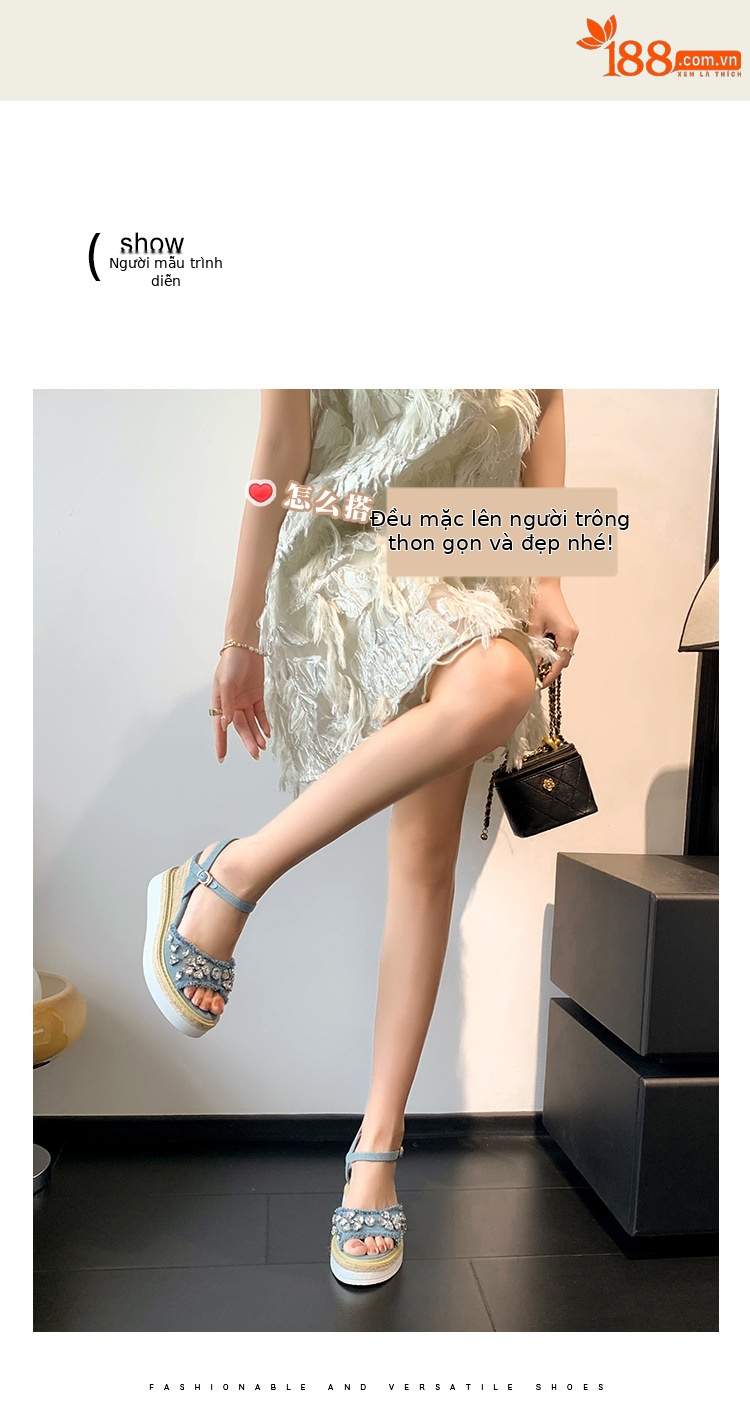 Sandal cao gót nữ đế xuồng mũi hở, quai ngang đính đá, chất liệu denim phối đế cói — Cao bồi xanh chi tiết 2