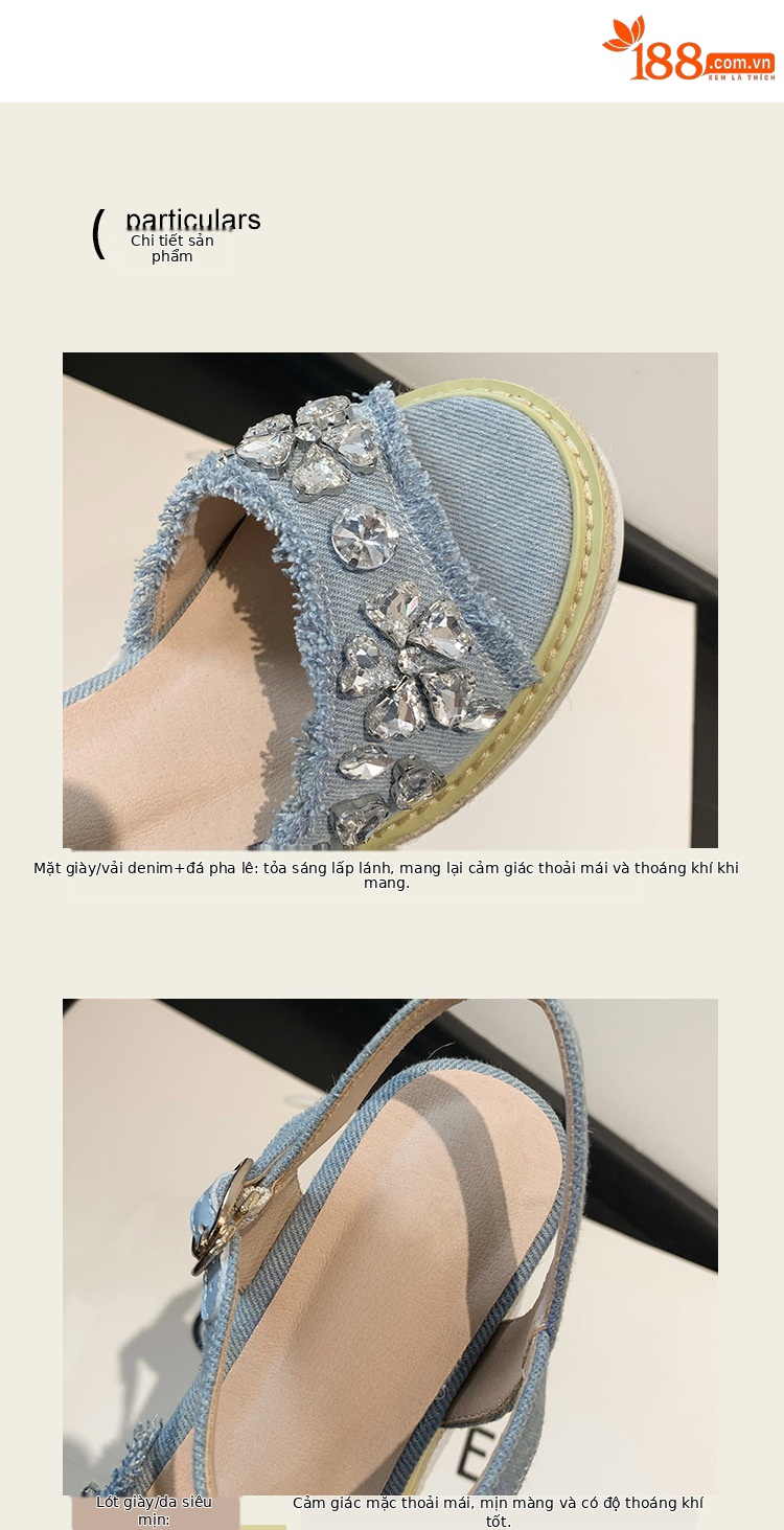 Sandal cao gót nữ đế xuồng mũi hở, quai ngang đính đá, chất liệu denim phối đế cói — Cao bồi xanh chi tiết 8