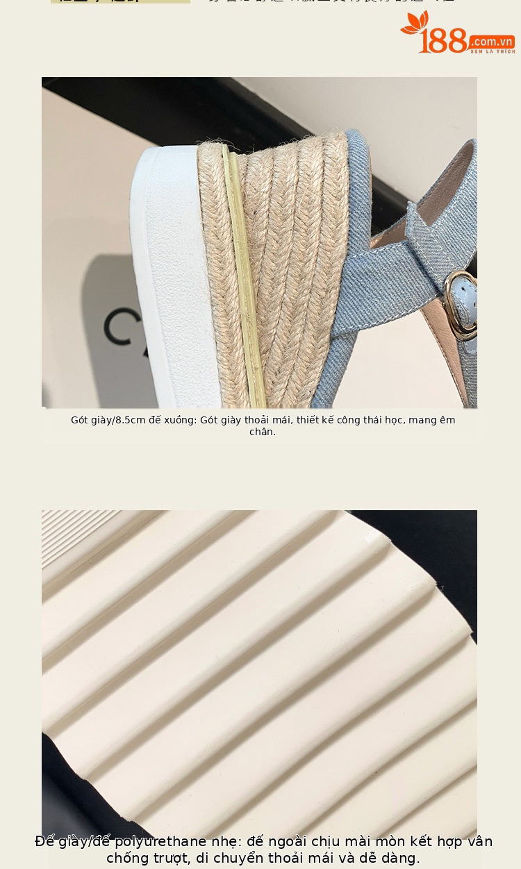 Sandal cao gót nữ đế xuồng mũi hở, quai ngang đính đá, chất liệu denim phối đế cói — Cao bồi xanh chi tiết 9