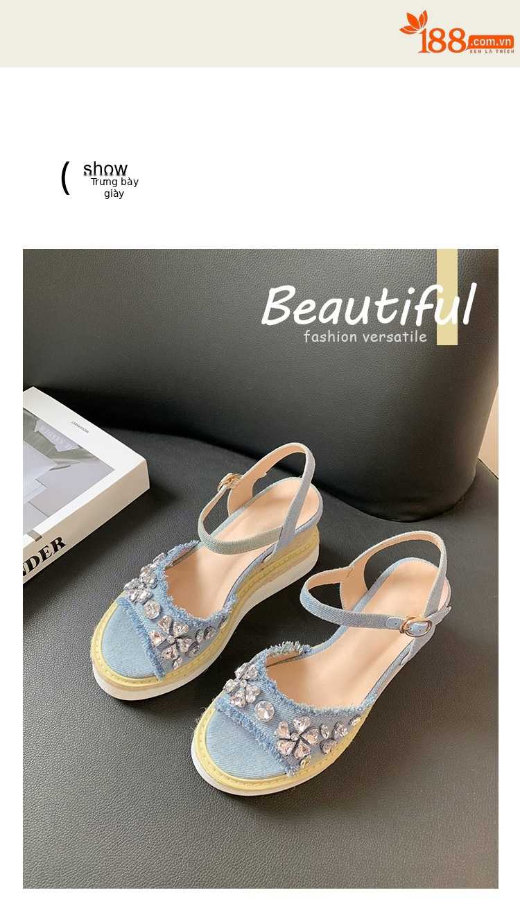 Sandal cao gót nữ đế xuồng mũi hở, quai ngang đính đá, chất liệu denim phối đế cói — Cao bồi xanh chi tiết 10