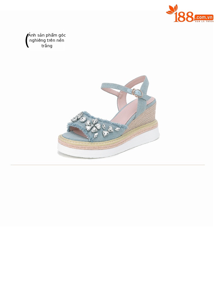 Sandal cao gót nữ đế xuồng mũi hở, quai ngang đính đá, chất liệu denim phối đế cói — Cao bồi xanh chi tiết 13