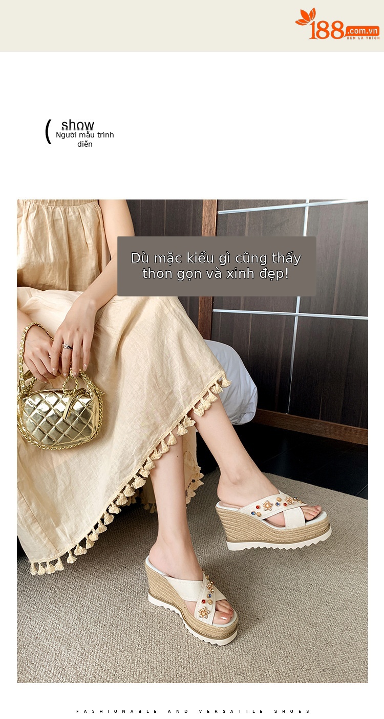 Sandal cao gót nữ hở mũi đế xuồng đan rơm, đính đá, quai ngang da thật — màu trắng ngà, màu kaki chi tiết 2