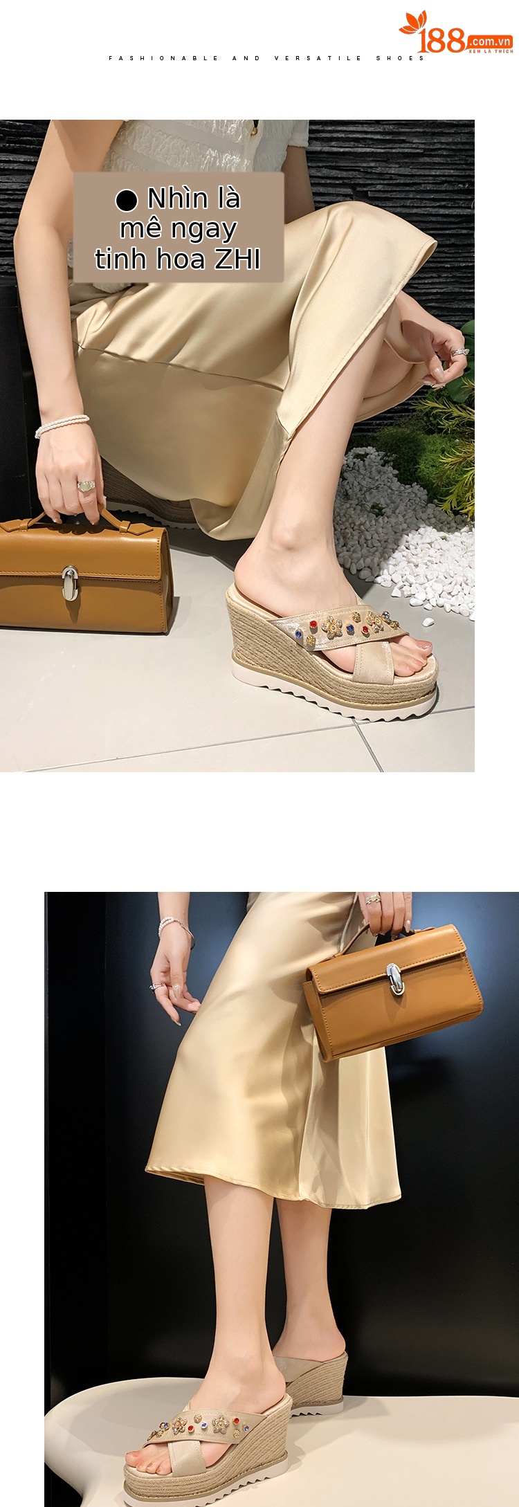 Sandal cao gót nữ hở mũi đế xuồng đan rơm, đính đá, quai ngang da thật — màu trắng ngà, màu kaki chi tiết 6