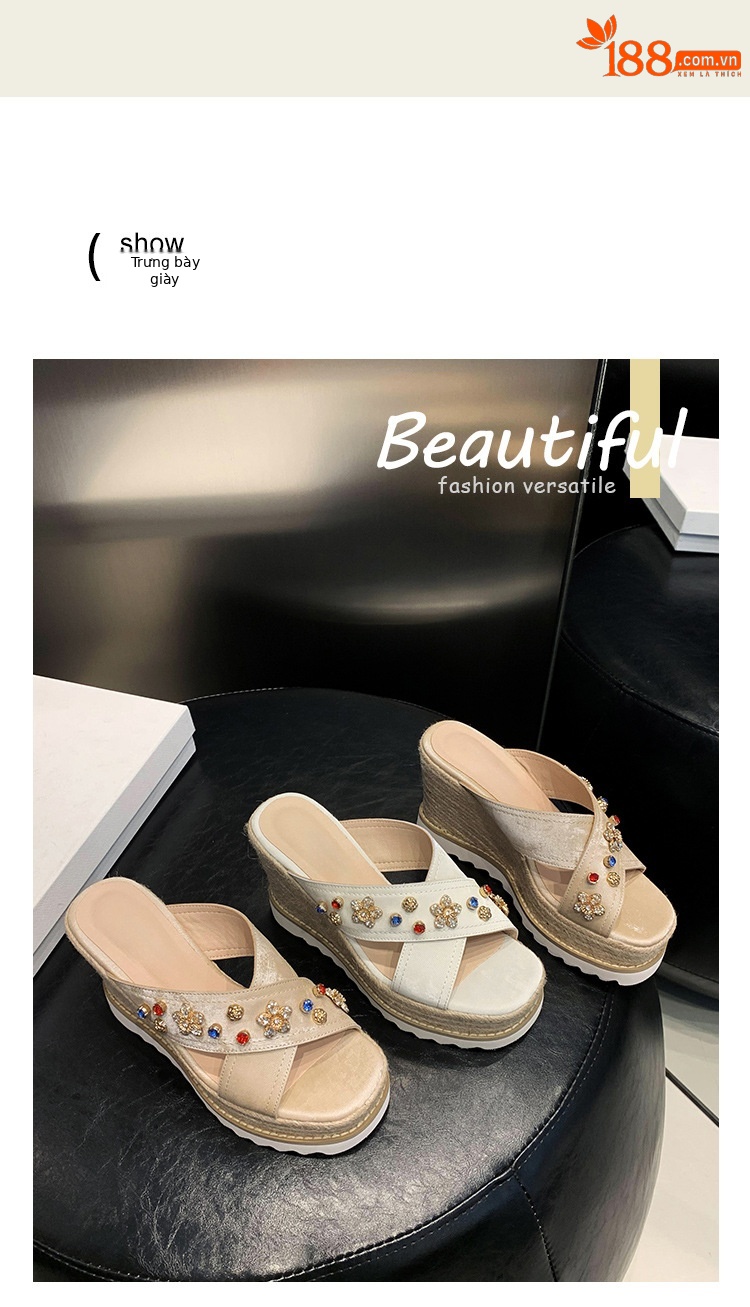 Sandal cao gót nữ hở mũi đế xuồng đan rơm, đính đá, quai ngang da thật — màu trắng ngà, màu kaki chi tiết 9