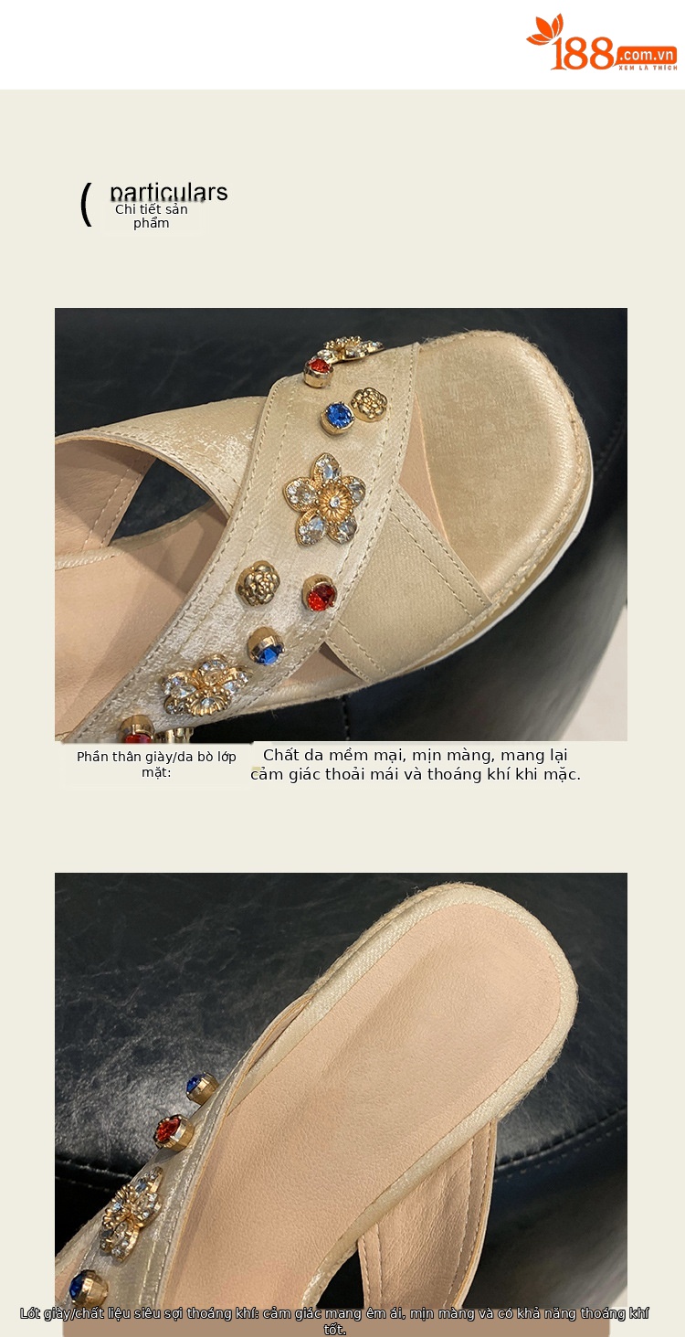 Sandal cao gót nữ hở mũi đế xuồng đan rơm, đính đá, quai ngang da thật — màu trắng ngà, màu kaki chi tiết 13