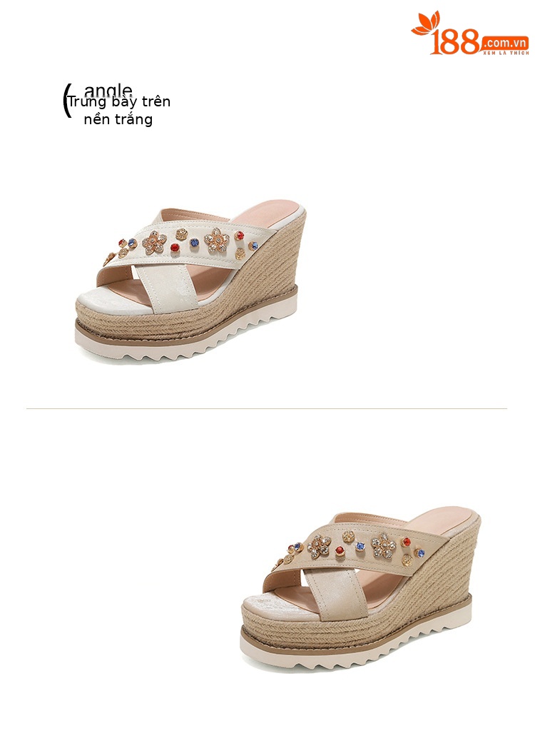 Sandal cao gót nữ hở mũi đế xuồng đan rơm, đính đá, quai ngang da thật — màu trắng ngà, màu kaki chi tiết 15