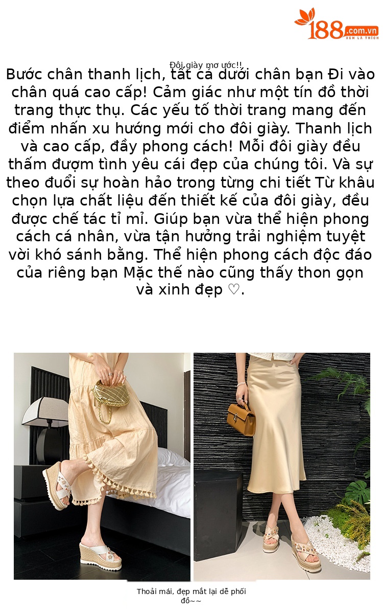 Sandal cao gót nữ hở mũi đế xuồng đan rơm, đính đá, quai ngang da thật — màu trắng ngà, màu kaki chi tiết 1